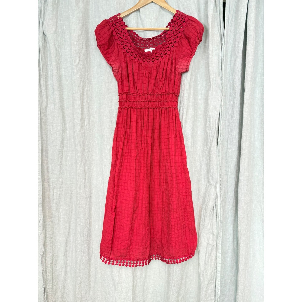 Sophie Max Red Textured Gauze Crochet‎ Trim Smocked Waist Midi Dress Womens S